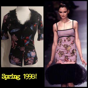 RARE Betsey Johnson Spring 1998 Kittens Cherries XS Maribou Feather Top 90s